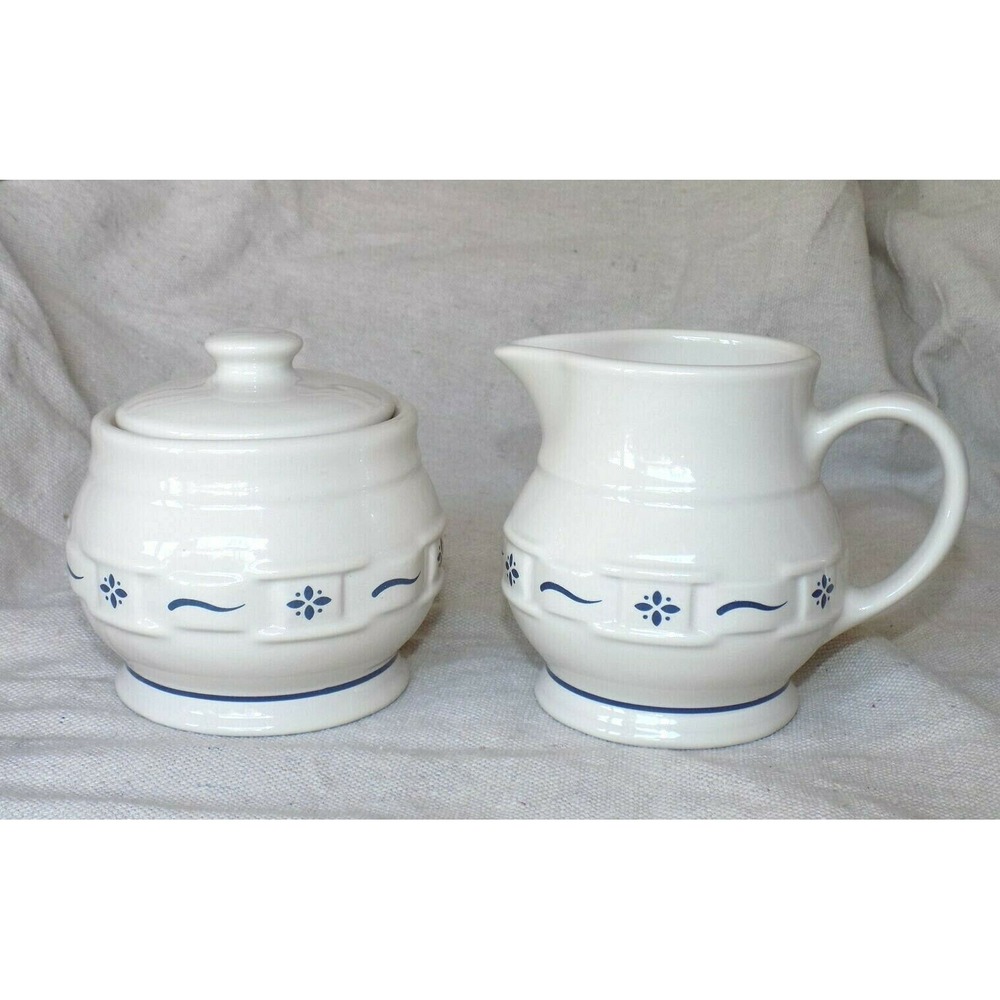 Cream Pitcher Creamer & Sugar Bowl w/ Lid Blue Woven Traditions Longaberger
